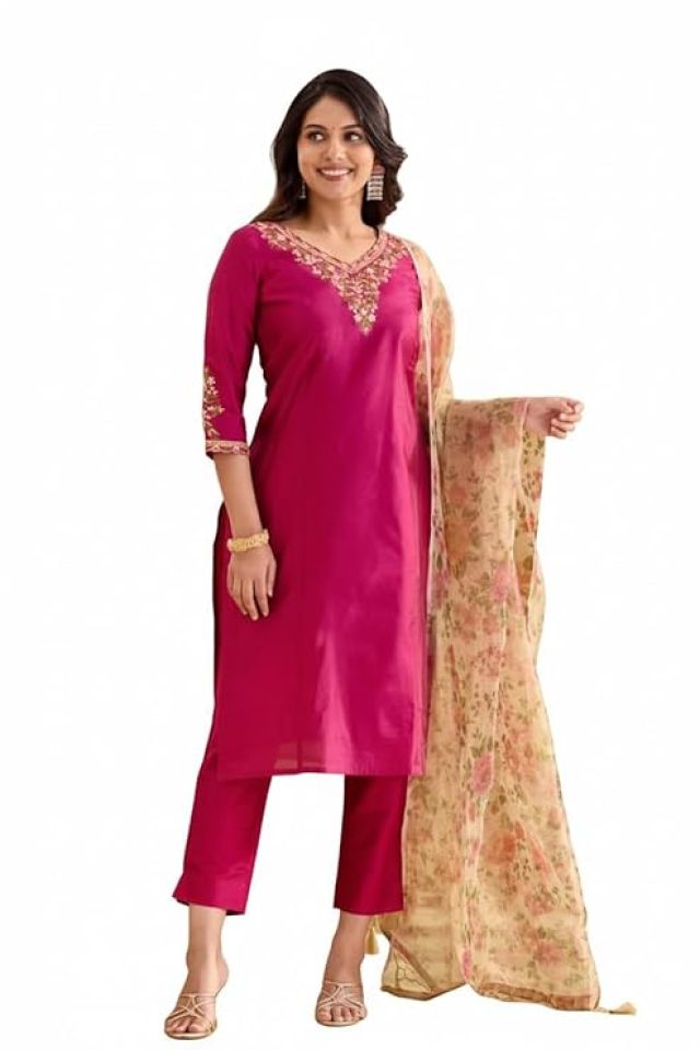 Women Embroidered Straight Kurta Pant Set with Floral Dupatta, Pink Ethnic Wear