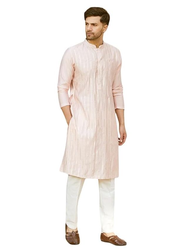 See Designs Men Full Sleeve Chanderi Silk Sequins Mandarin Collar Side Slit Kurta With Pyjama