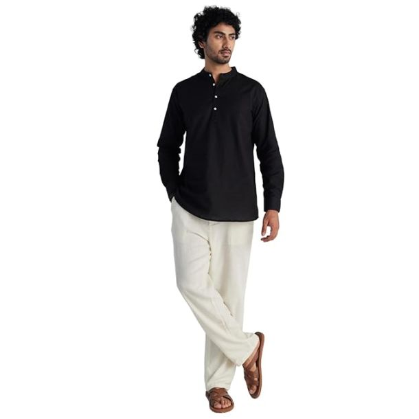 Men's Short Kurta – Linen Cotton Blend, Airy Fabric, Regular Fit, Mandarin Collar, Solid Color – Casual, Festive & Ethnic Wear
