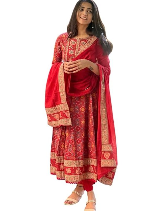 Women's Cotton Anarkali Embroidery Designer Long Anarkali Kurti With Pant and Dupatta Set (Red)