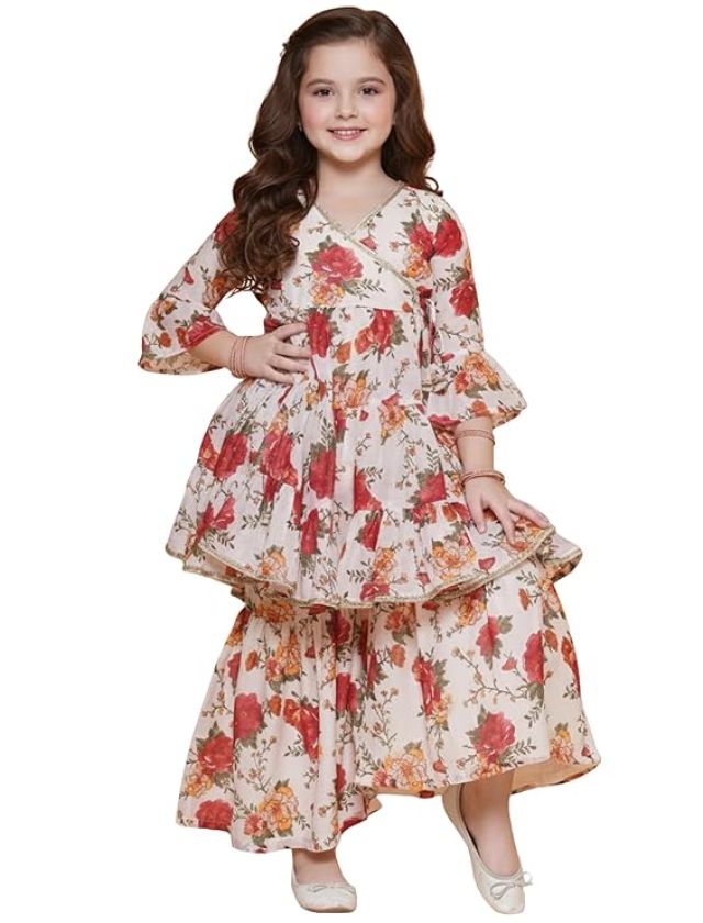 Girl's Rayon Floral Pattern Kurta Sharara Set with 3/4 Sleeve V- Neck Knee Length and Elastic Closure Type| Kurta Sharara Set for Girl's