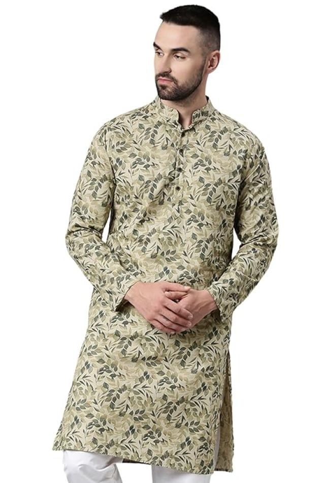 Men's Cotton Regular Fit Casual Mandarin Collar Ethnic Motifs Printed Long Regular Kurta