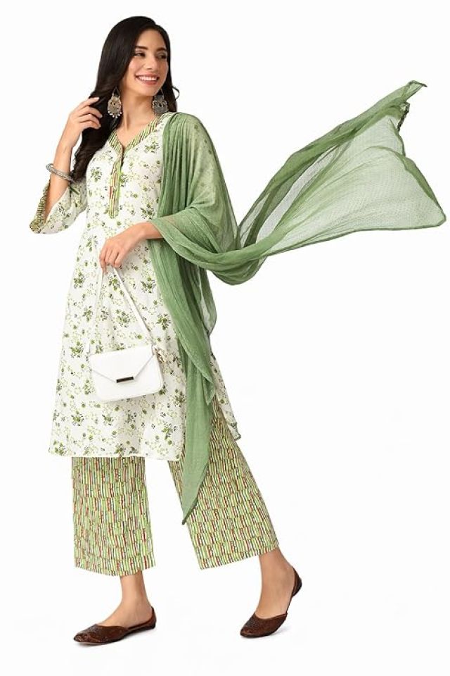 NEED & NED Women Floral Printed Kurta Palazzo Dupatta Set | Straight Kurta with Palazzo Pants & Chiffon Dupatta | Ethnic Wear Suit Set for Women