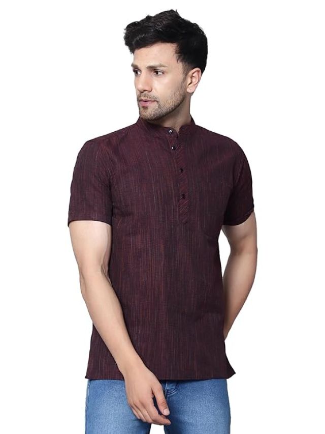 Men's Cotton Regular Casual Strped Short Kurta Half Sleeves