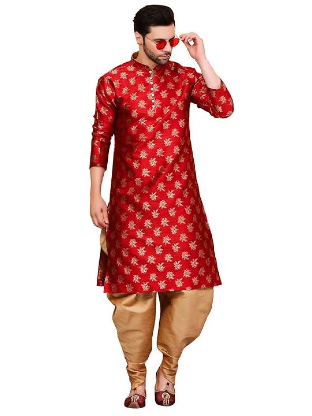 Men Ethnic Gold Leaves 100% pure Jacquard Kurta & Aladdin salwar special for Lohri & New Year, In Panjabi Style