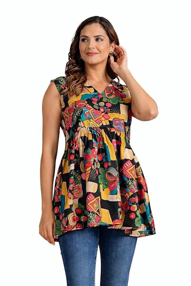 Black Ring Sleeveless Kurti for Women | Straight Cut Ethnic Kurti with Printed Design and Clean Finish | Suitable for Daily and Casual Styling