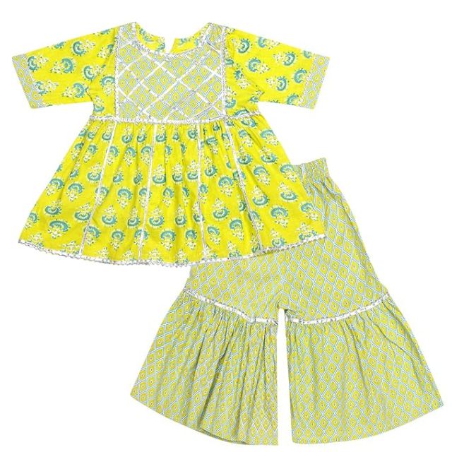 Baby Girl's Cotton Sanganeri/Floral Printed Frock Style Kurti With Printed Sharara Dress Clothing Set