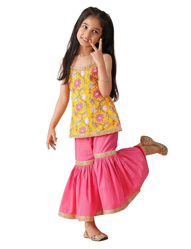 Kids Girls Pure Cotton Kurta Sharara Set (2 pcs) | Ethnic Wear